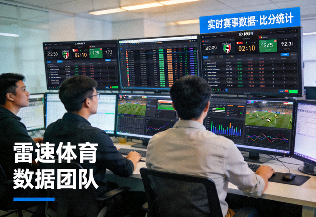 体育数据团队在屏幕前查看赛事数据与比分统计的工作场景，用于雷速官网平台介绍