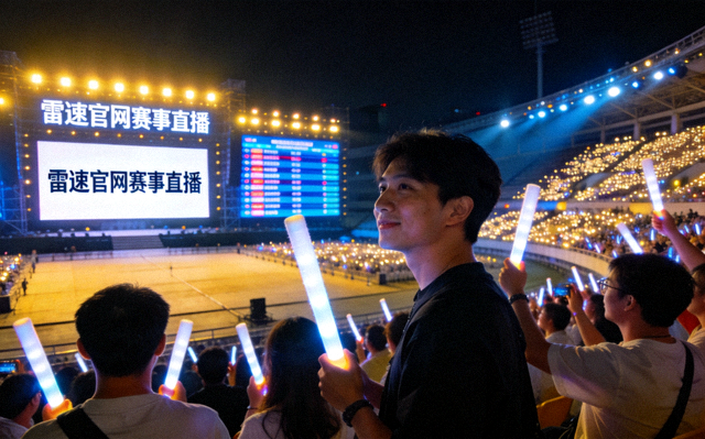 夜晚体育场内观众席灯火通明的赛事现场，体现雷速官网赛事直播氛围